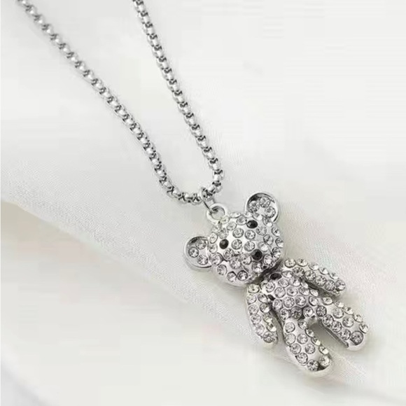 Betsy Johnson Bear Rhinestone Silver Necklace - Picture 4 of 16